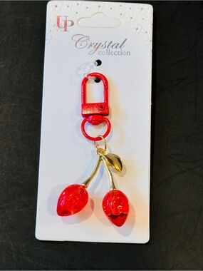 NWT Red Faceted Crystal Cherry Bag Charm Keychain